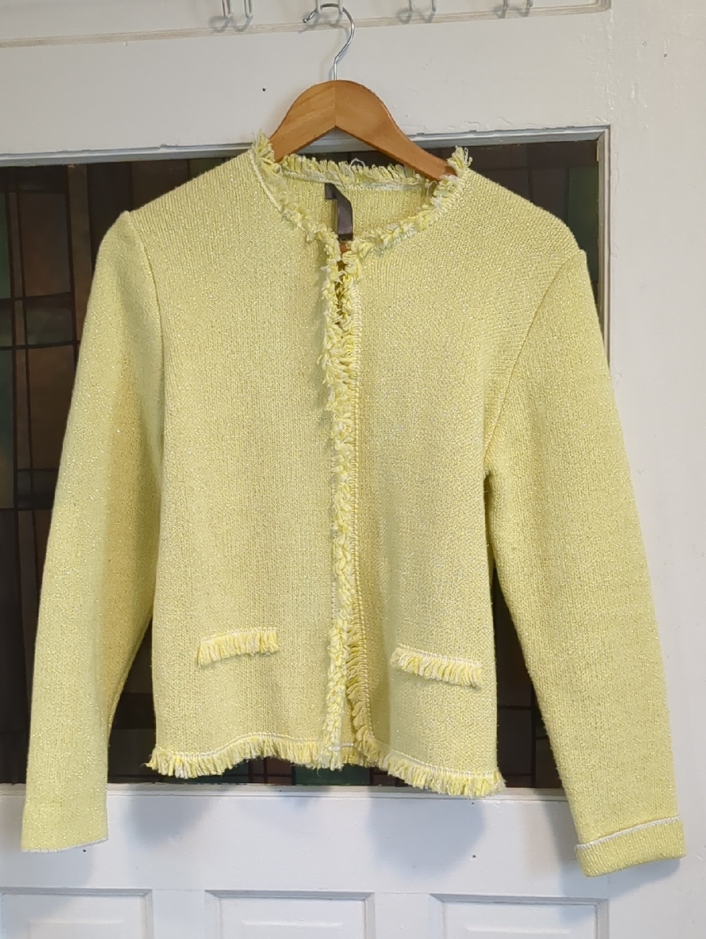 Classic Yellow Fringe-Trim Cardigan Sweater